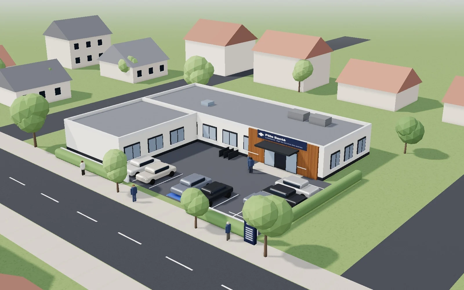 Un Pôle de Santé LinkSanté de plain-pied, avec son parking pour la patientèle, en plein jour